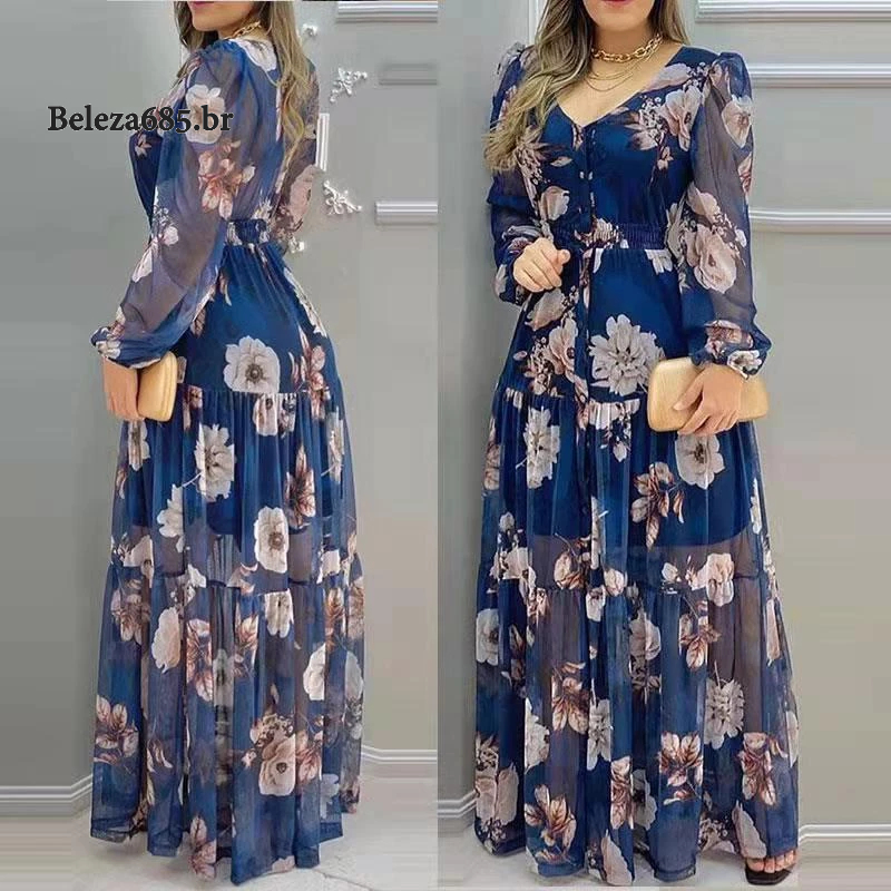 Review 2022 Novo Vestido Chiffon de Pescoço em V Impresso Longo Estilo Chiffon Vestido longo Vestido feminino Vestido plus size Vestido longo plus size Vestido plu size feminino: Vale a Pena em 2026?