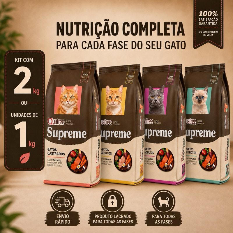 Review Kit com 2 Ração Gatos Quatree Supreme  Ração Gatos Castrados ,Adultos e Filhotes 1kg e 2kg Super Premium  Nova Formula: Vale a Pena em 2026?