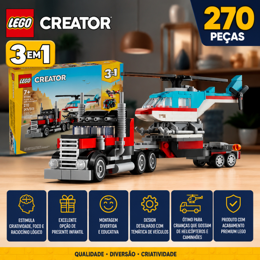 Review Lego Creator Caminhão Com Plataforma E Helicóptero, Avião 3 Em 1- 31146 Brinquedo Infantil Lego: Vale a Pena em 2026?