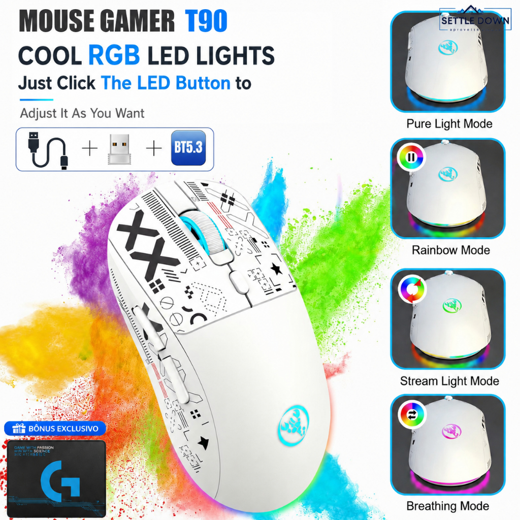 Review Mouse Gamer T90 Sem Fio Bluetooth BT5.3 2.4G Com Fio Recarregável RGB com Mouse Pad Incluso Para PC Notebook: Vale a Pena em 2026?