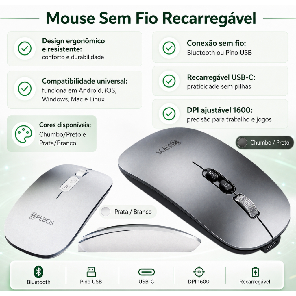 Review Mouse Sem Fio Recarregável Bluetooth e Pino USB DPI Ajustável Ergonômico Compacto: Vale a Pena em 2026?