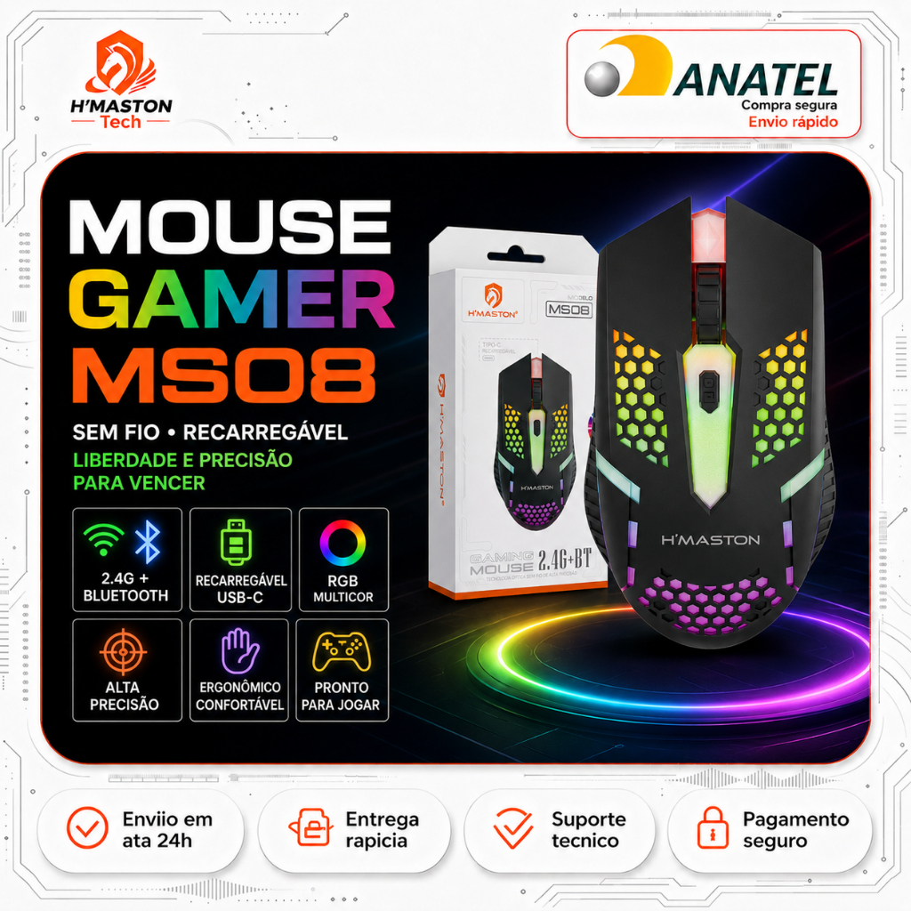 Review H'Maston MS08 Mouse Sem Fio Para Notebook Mouse Gamer Sem Fio Mouse Sem Fio Recarregável Mouse Ergonômico Sem Fio: Vale a Pena em 2026?