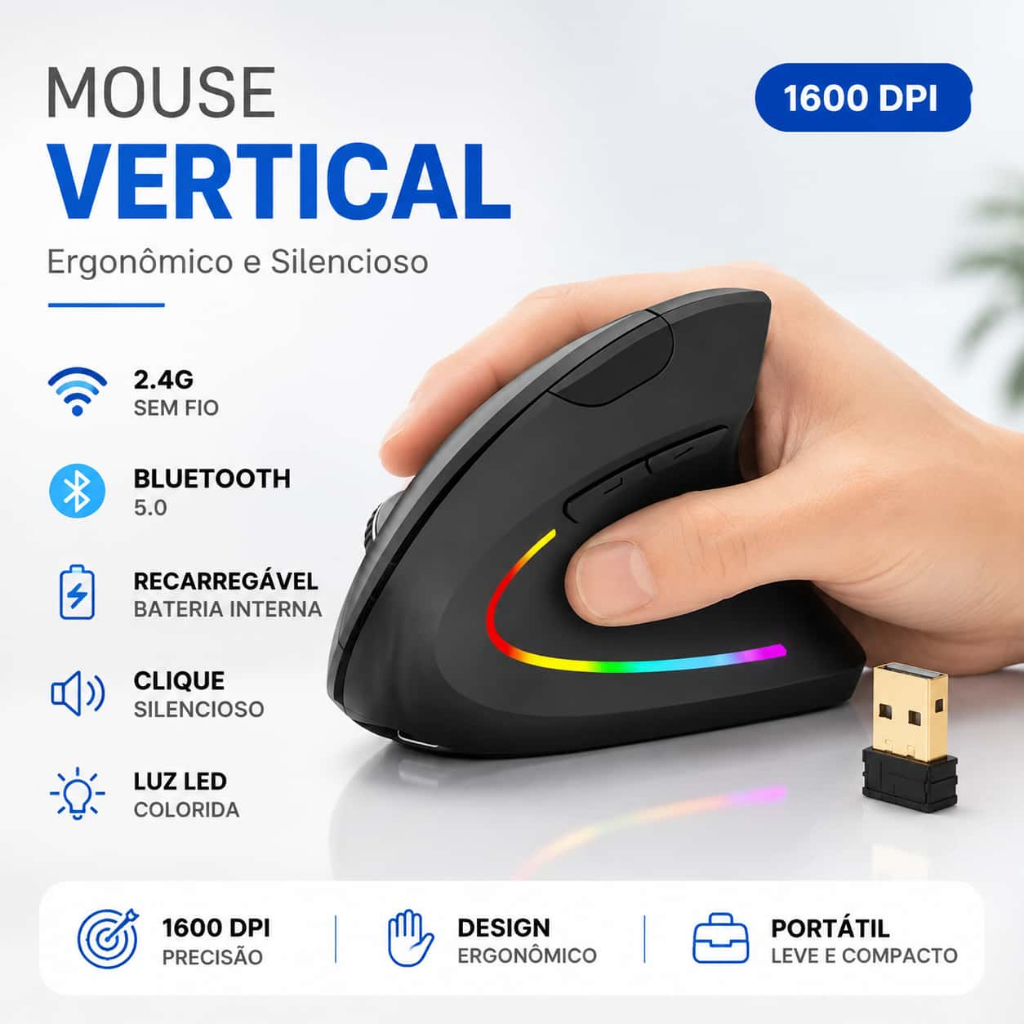 Review Mouse Vertical Ergonômico Recarregável Sem Fio Bluetooth Led Usb 2.4G 1600 Dpi Silencioso Portátil: Vale a Pena em 2026?